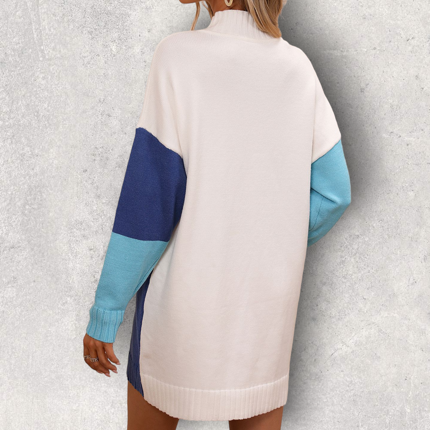 Color Block Mock Neck Dropped Shoulder Sweater Dress