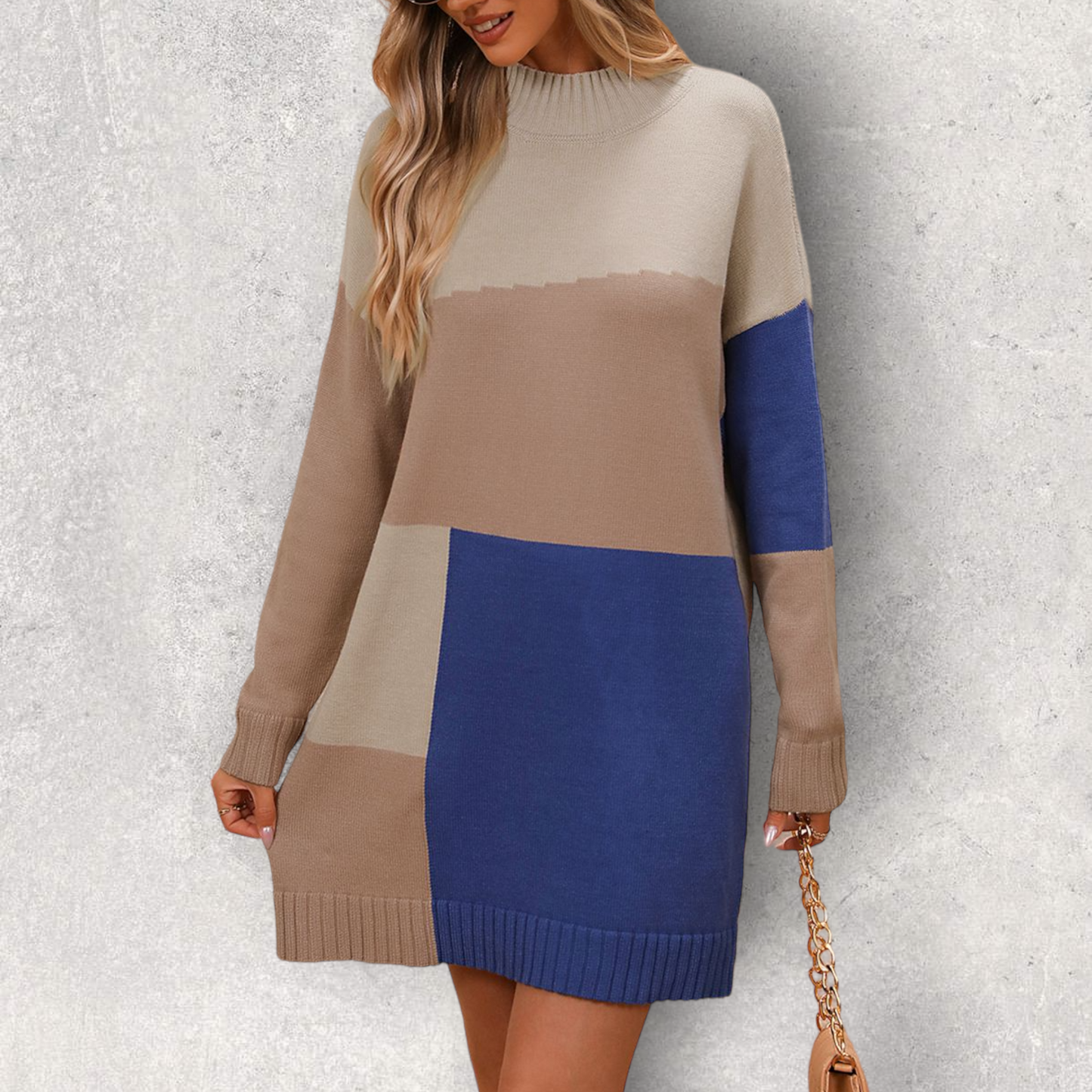 Color Block Mock Neck Dropped Shoulder Sweater Dress