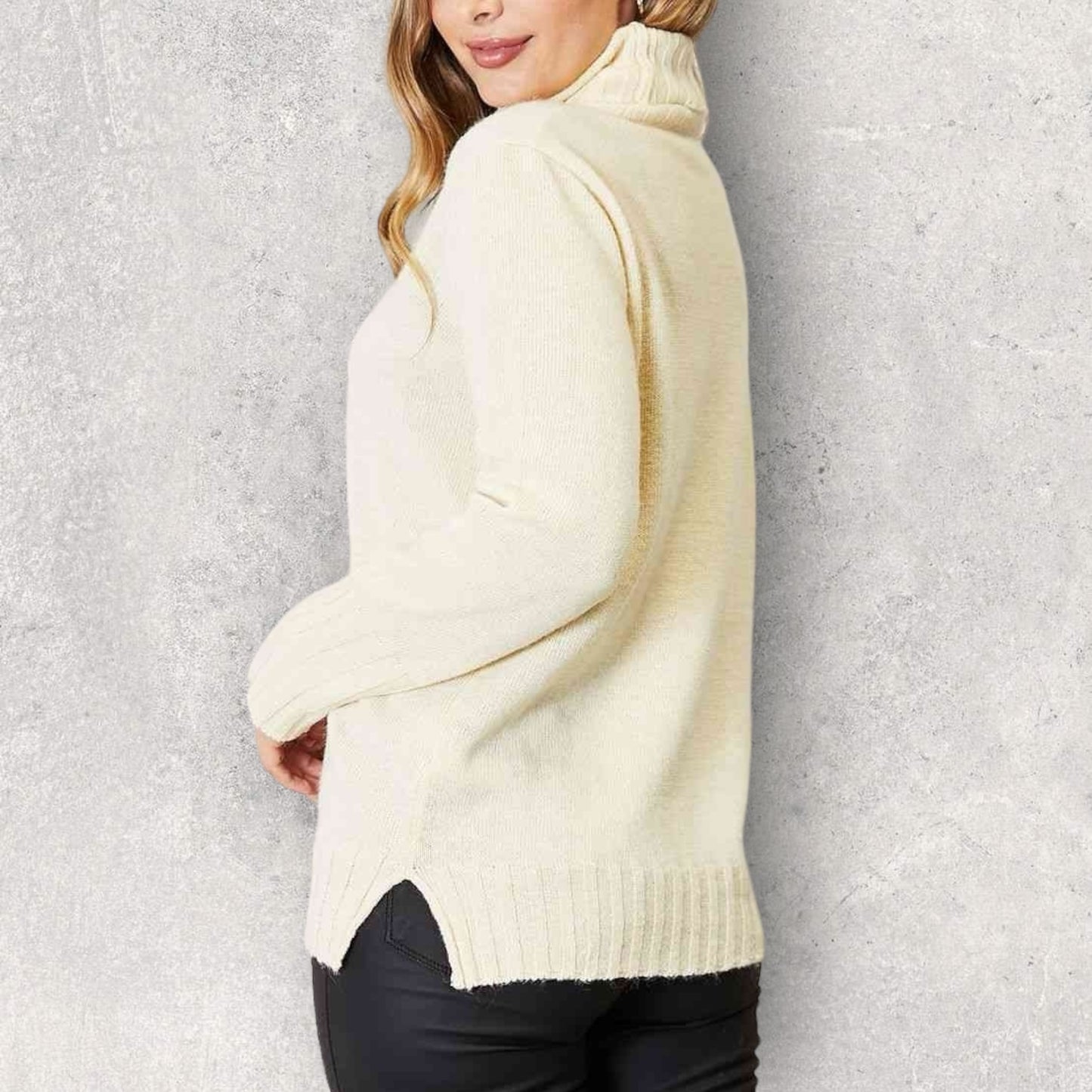 Heimish Full Size Long Sleeve Turtleneck Sweater with Side Slit