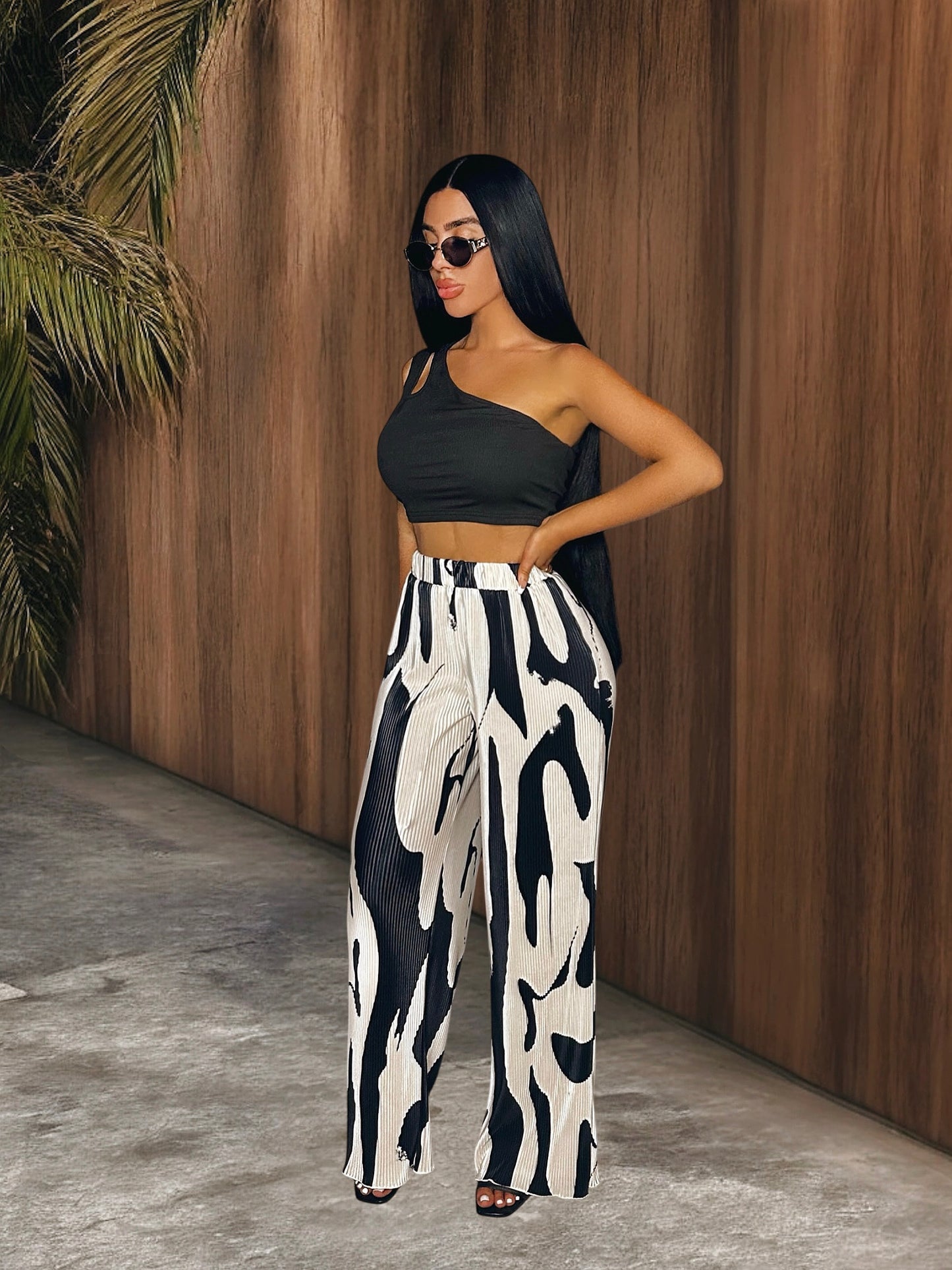 Cutout One Shoulder Top and Printed Pants Set