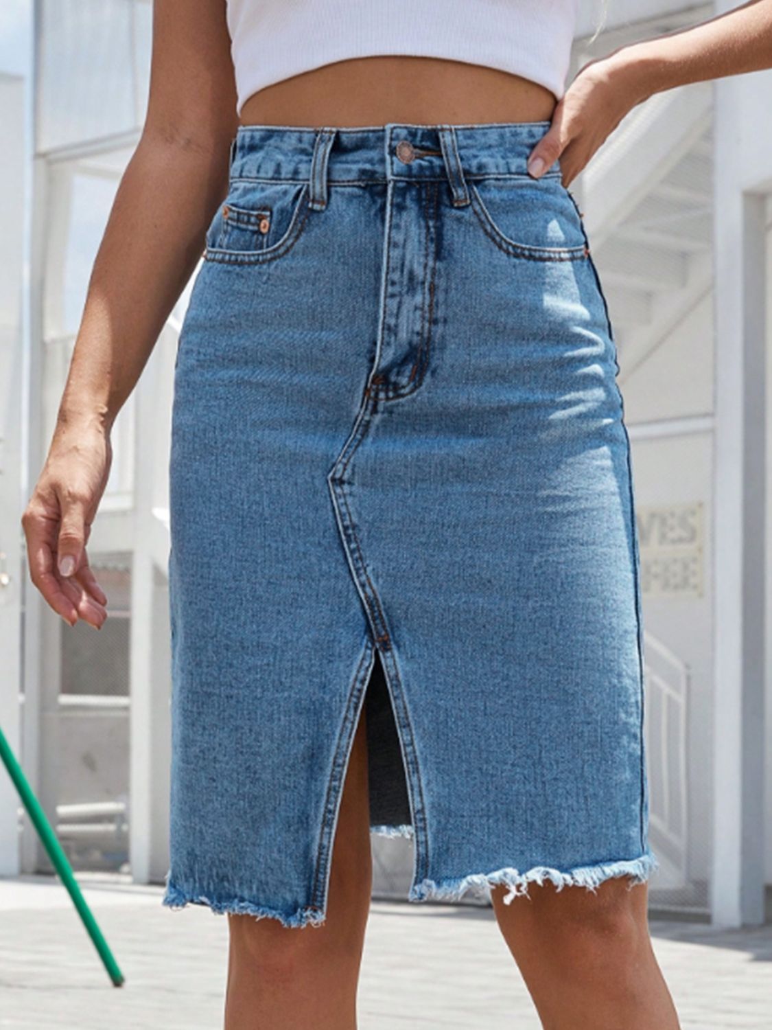 Raw Hem Slit Denim Skirt