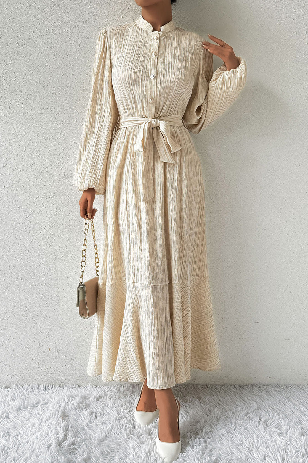 Honey Tied Button Up Balloon Sleeve Dress