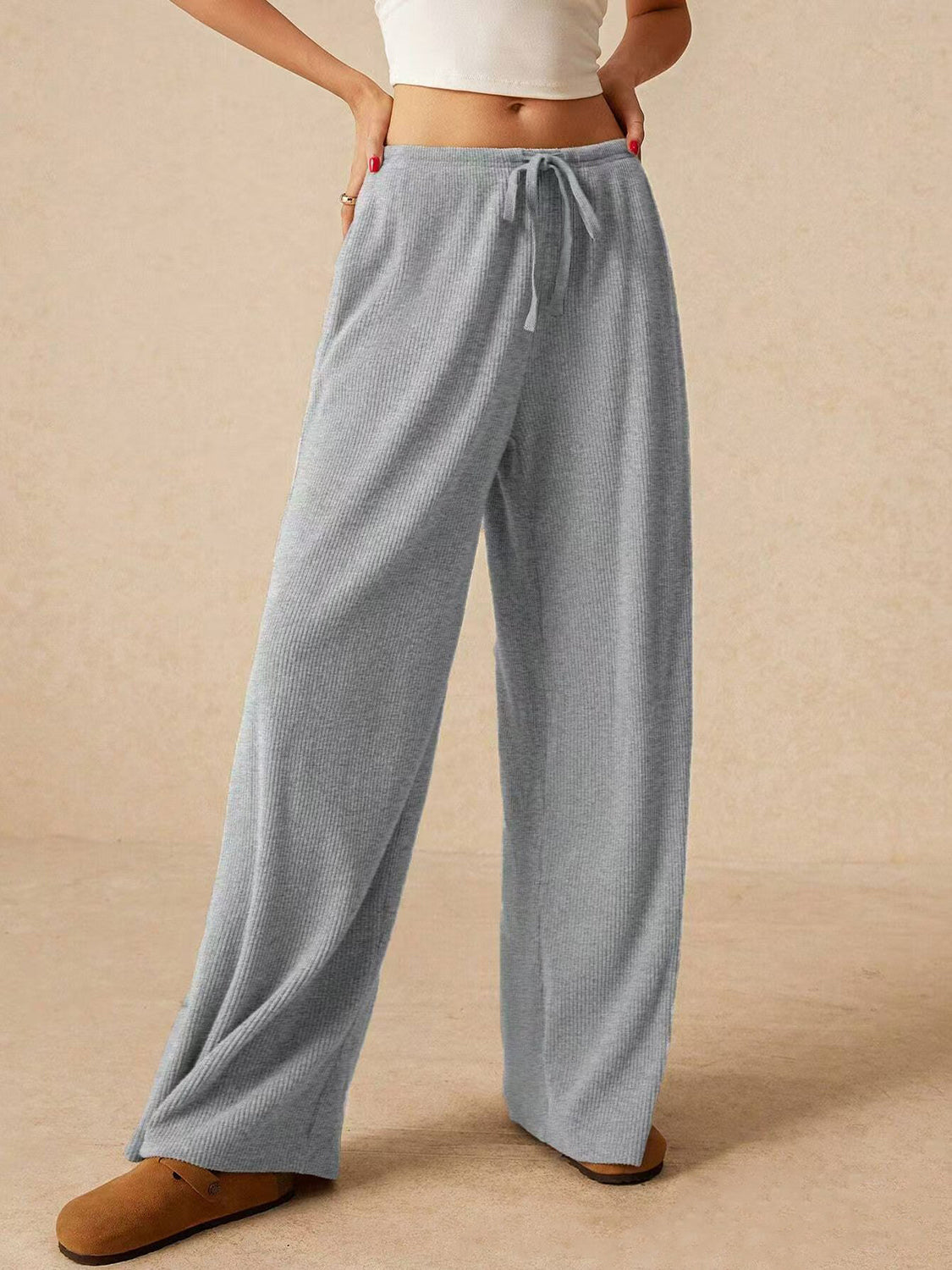 Ribbed Drawstring Wide Leg Pants