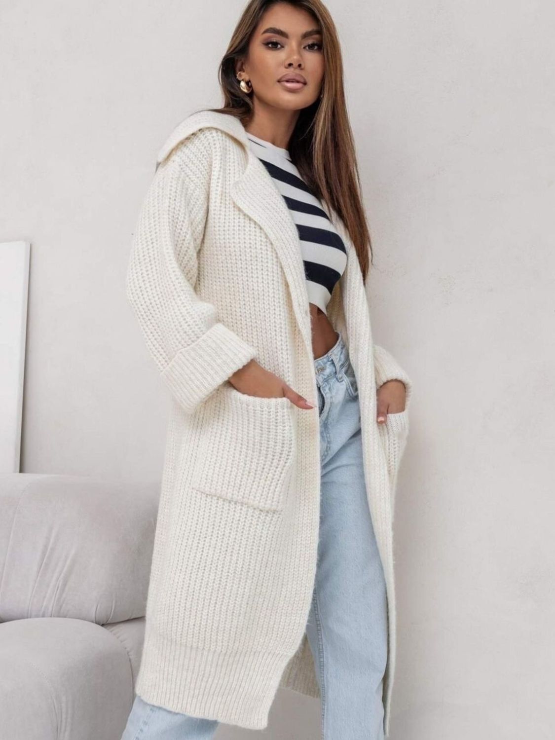 Pocketed Collared Neck Dropped Shoulder Cardigan