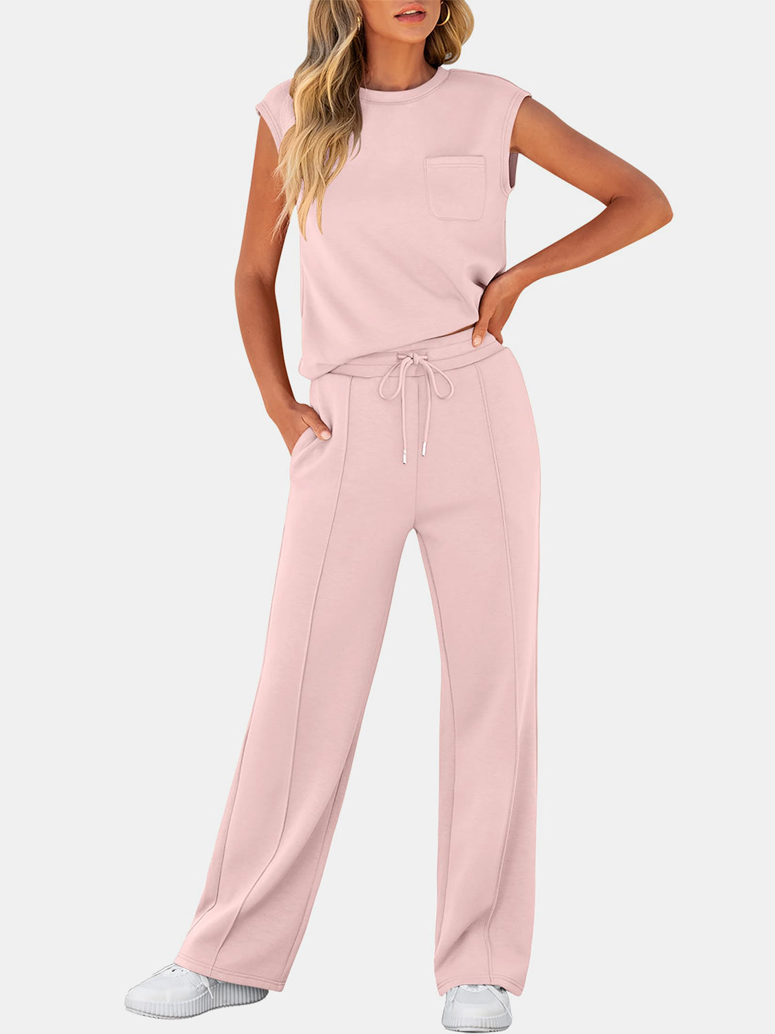 Full Size Round Neck Top and Drawstring Pants Set