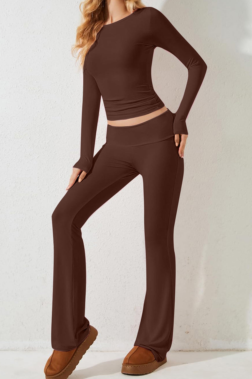 Devine Round Neck Long Sleeve Top and Pants Set