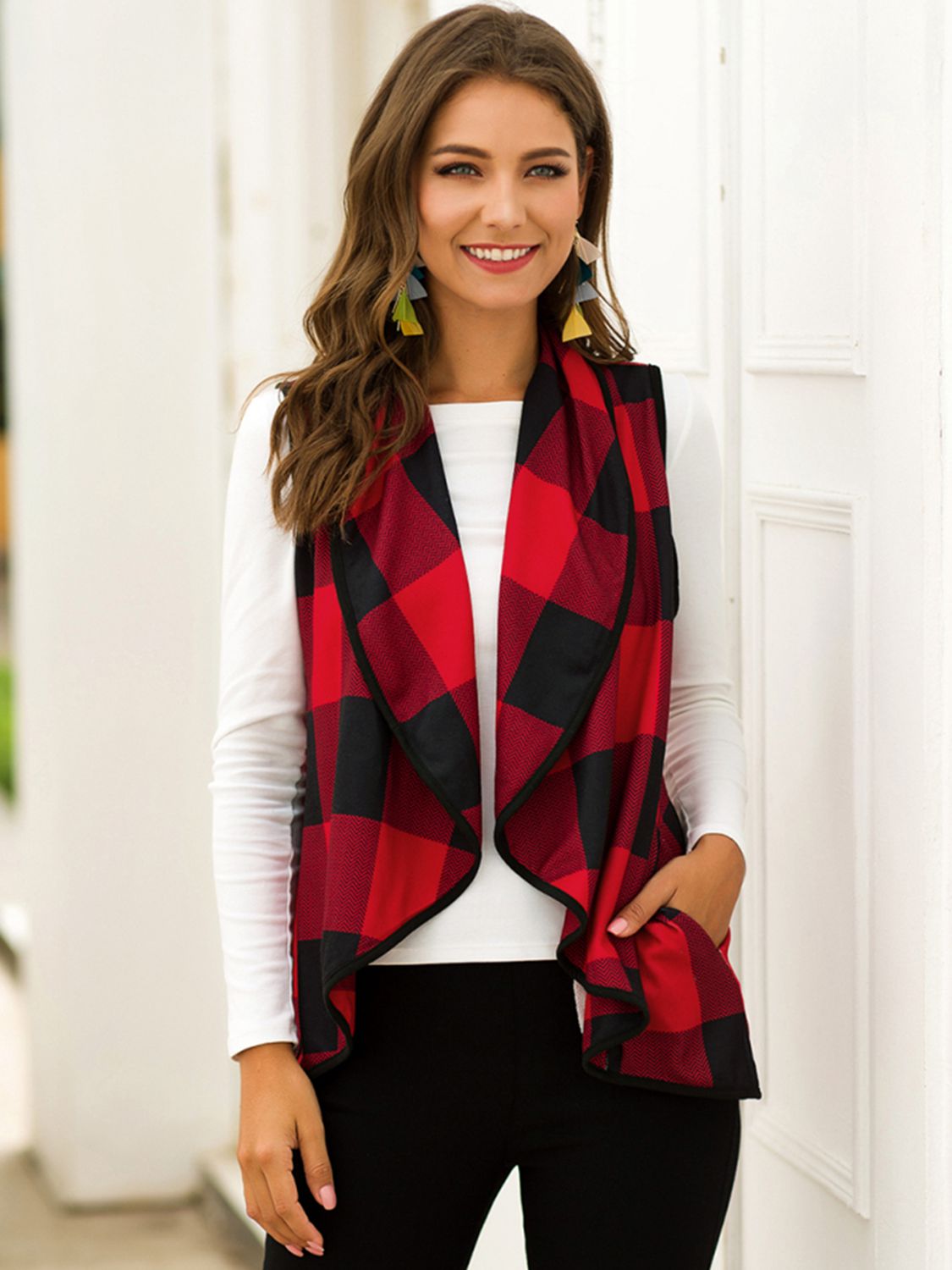 Shiny Plaid Open Front Sleeveless Cardigan