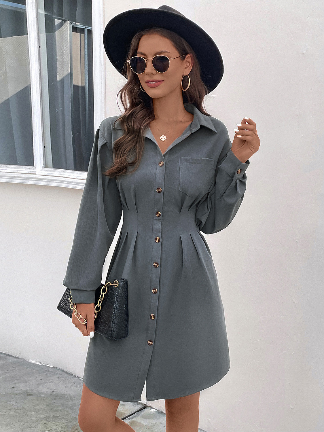 Perfee Pocketed Buttoned Collared Neck Dress