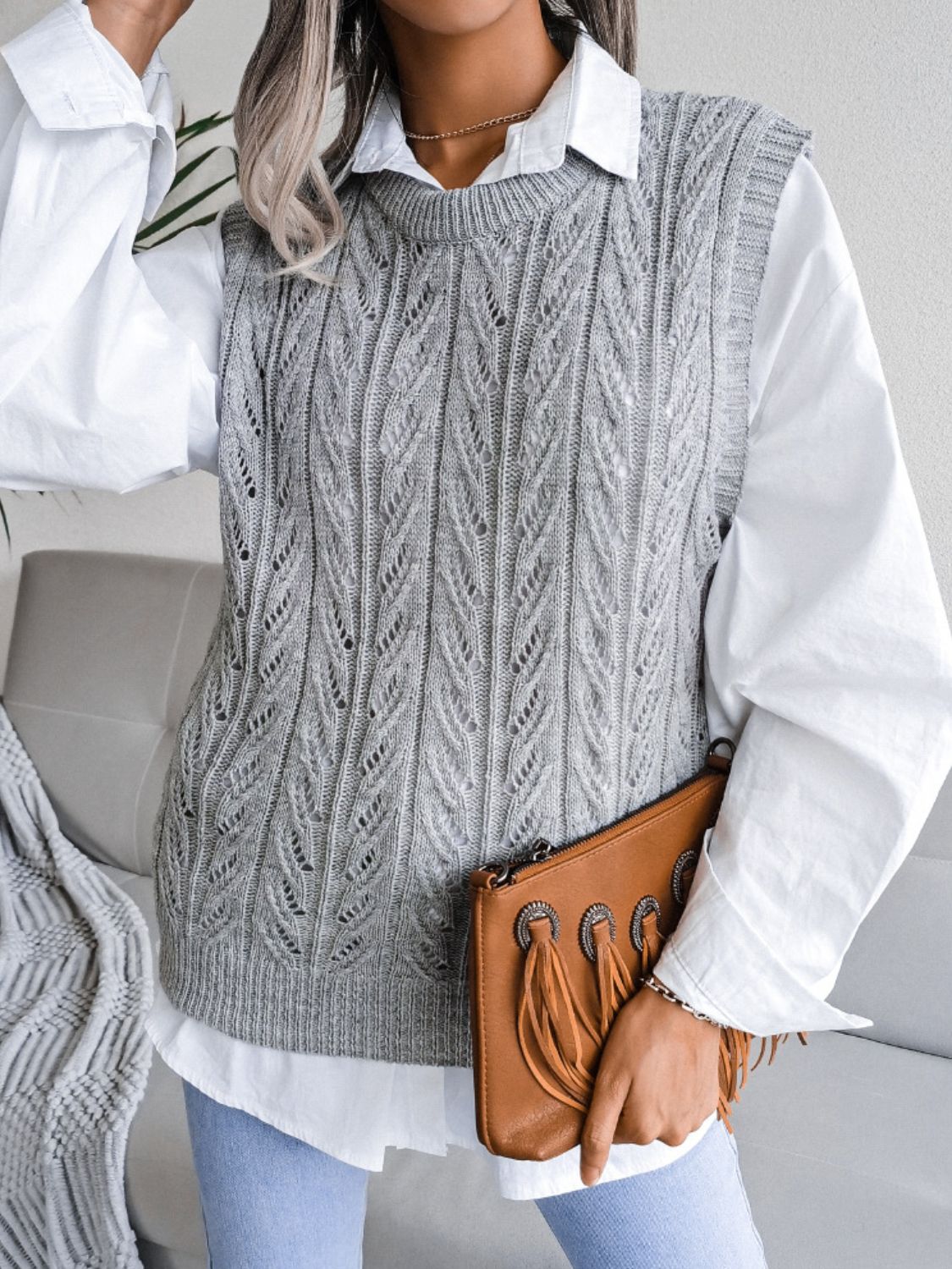 Round Neck Openwork Capped Sleeve Sweater Vest