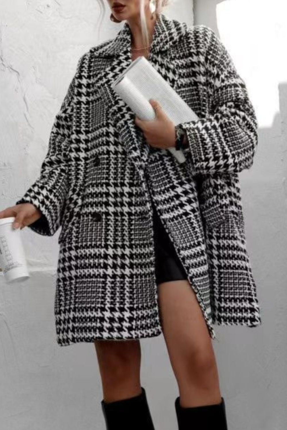 Houndstooth Collared Neck Long Sleeve Coat