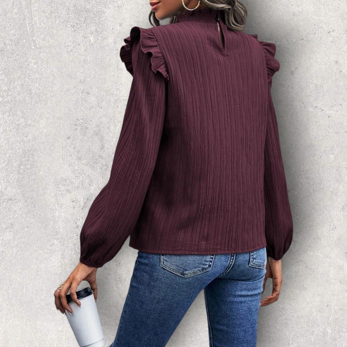 Mock Neck Ruffle Shoulder Blouse