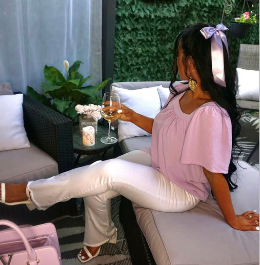 Ninexis Keep Me Close Square Neck Short Sleeve Blouse in Lavender