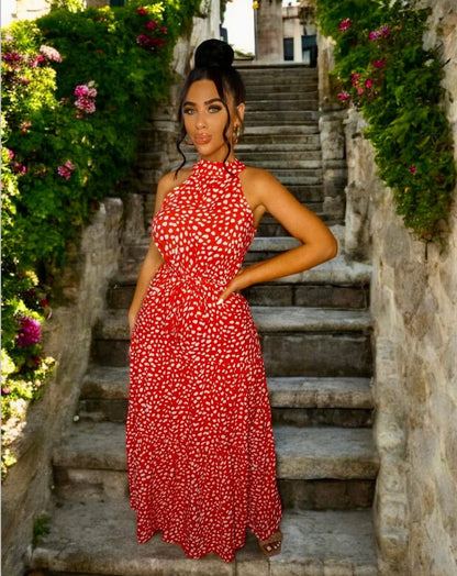 Printed Sleeveless Tie Waist Maxi Dress