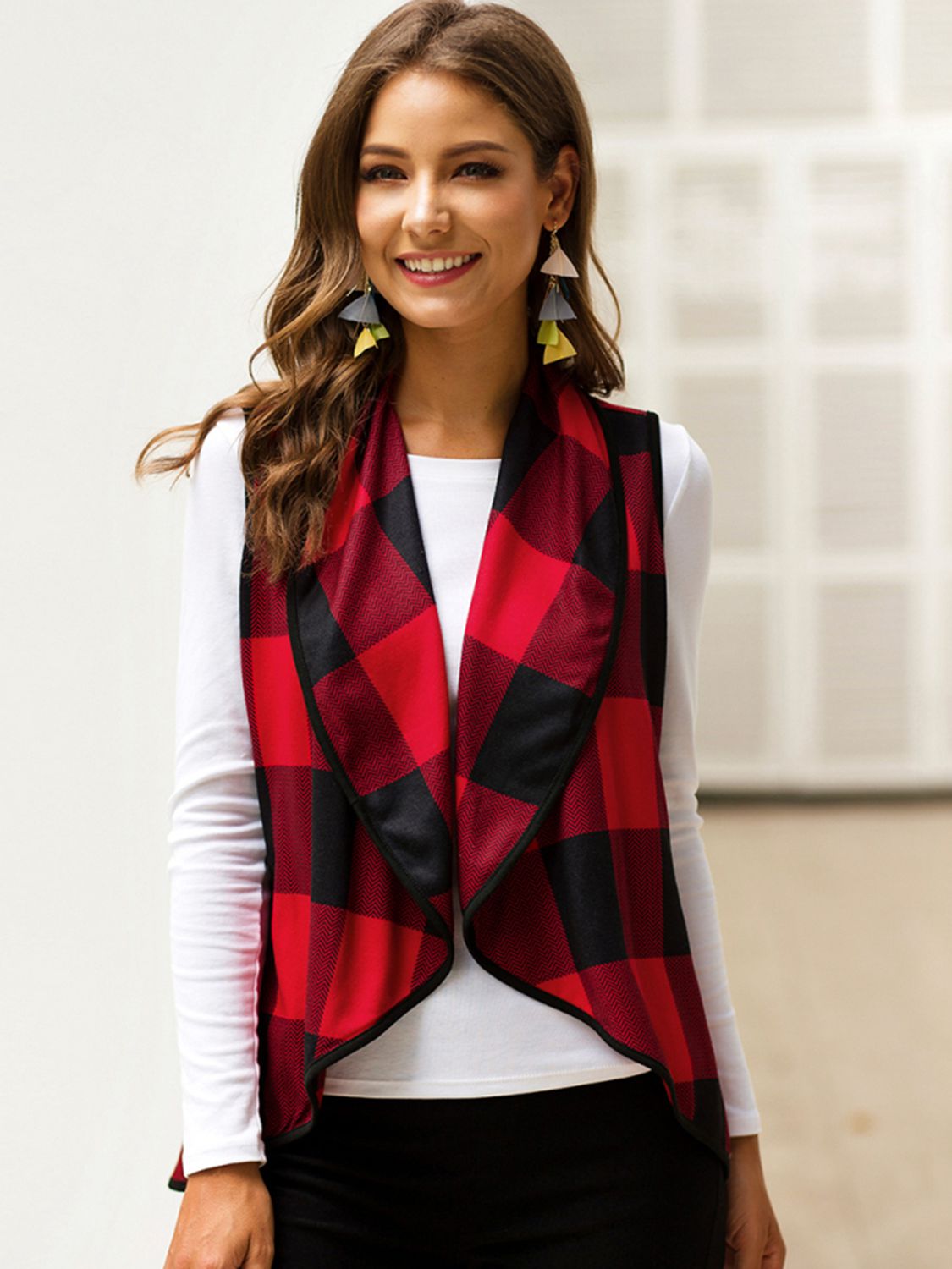 Shiny Plaid Open Front Sleeveless Cardigan