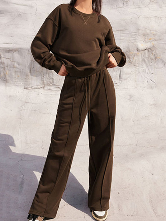 Round Neck Long Sleeve Top and Elastic Waist Pants Set