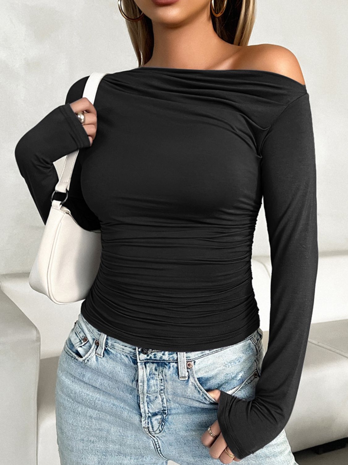 Devine Ruched One Shoulder Long Sleeve T-Shirt