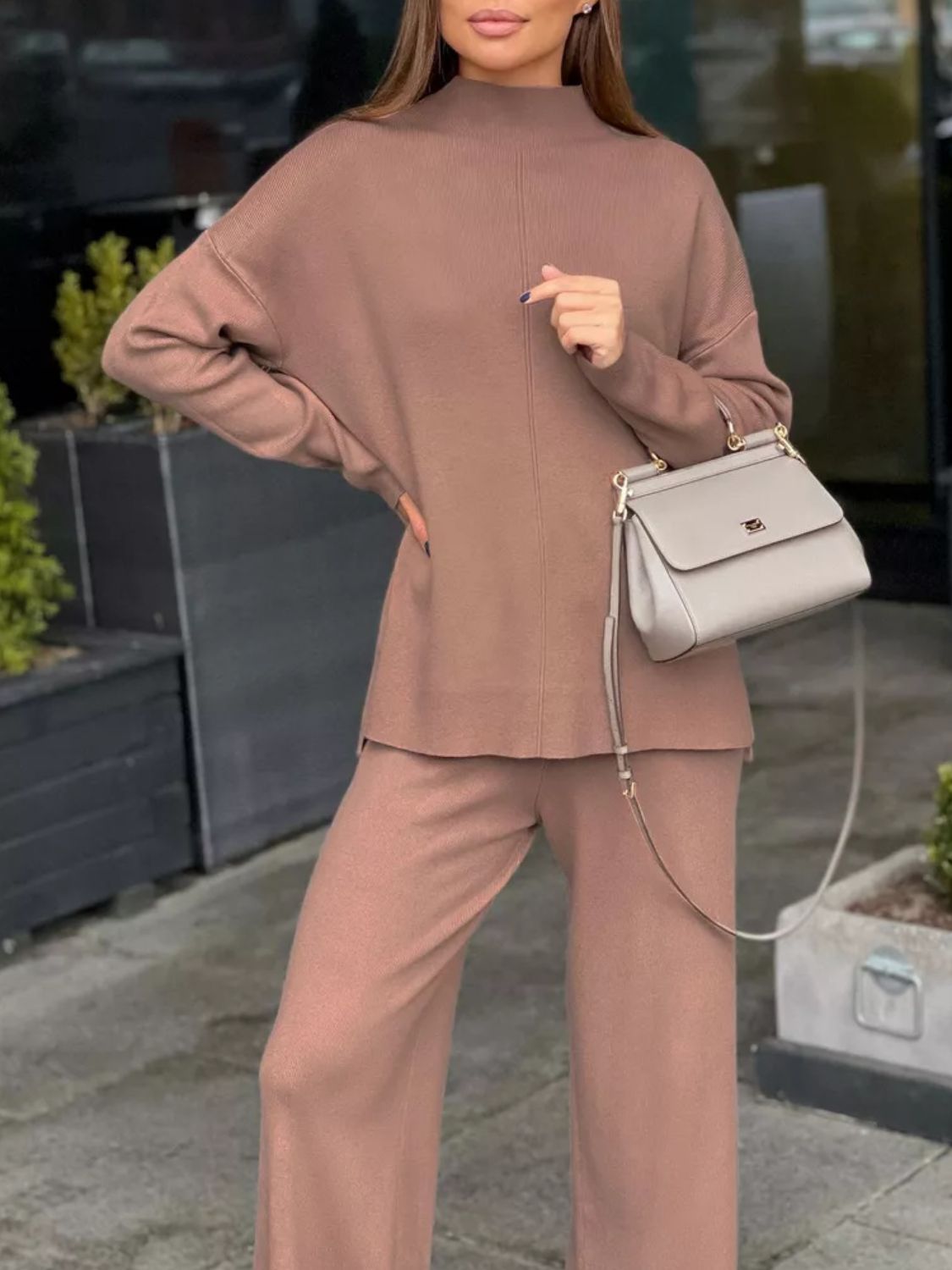 Slit Mock Neck Top and Pants Sweater Set