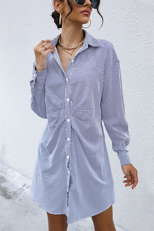 Perfee Striped Button Front Ruched Shirt Dress