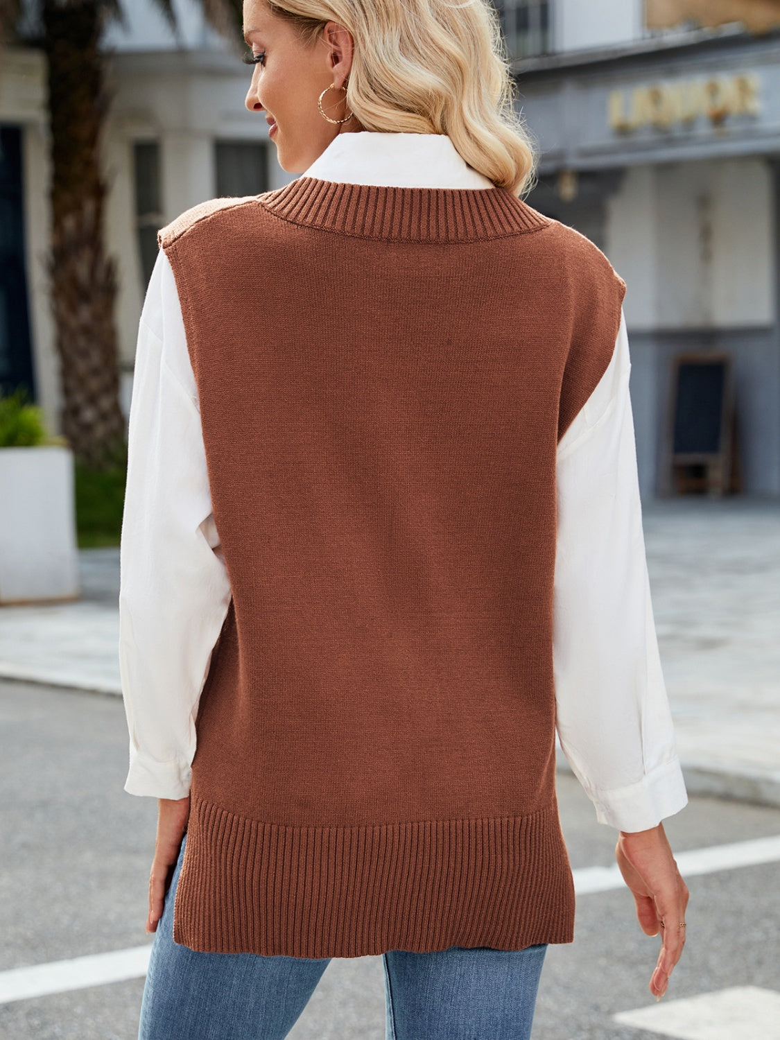 Side Slit V-Neck Sweater Vest