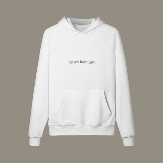 embroidered mercy boutique hoodie. black font