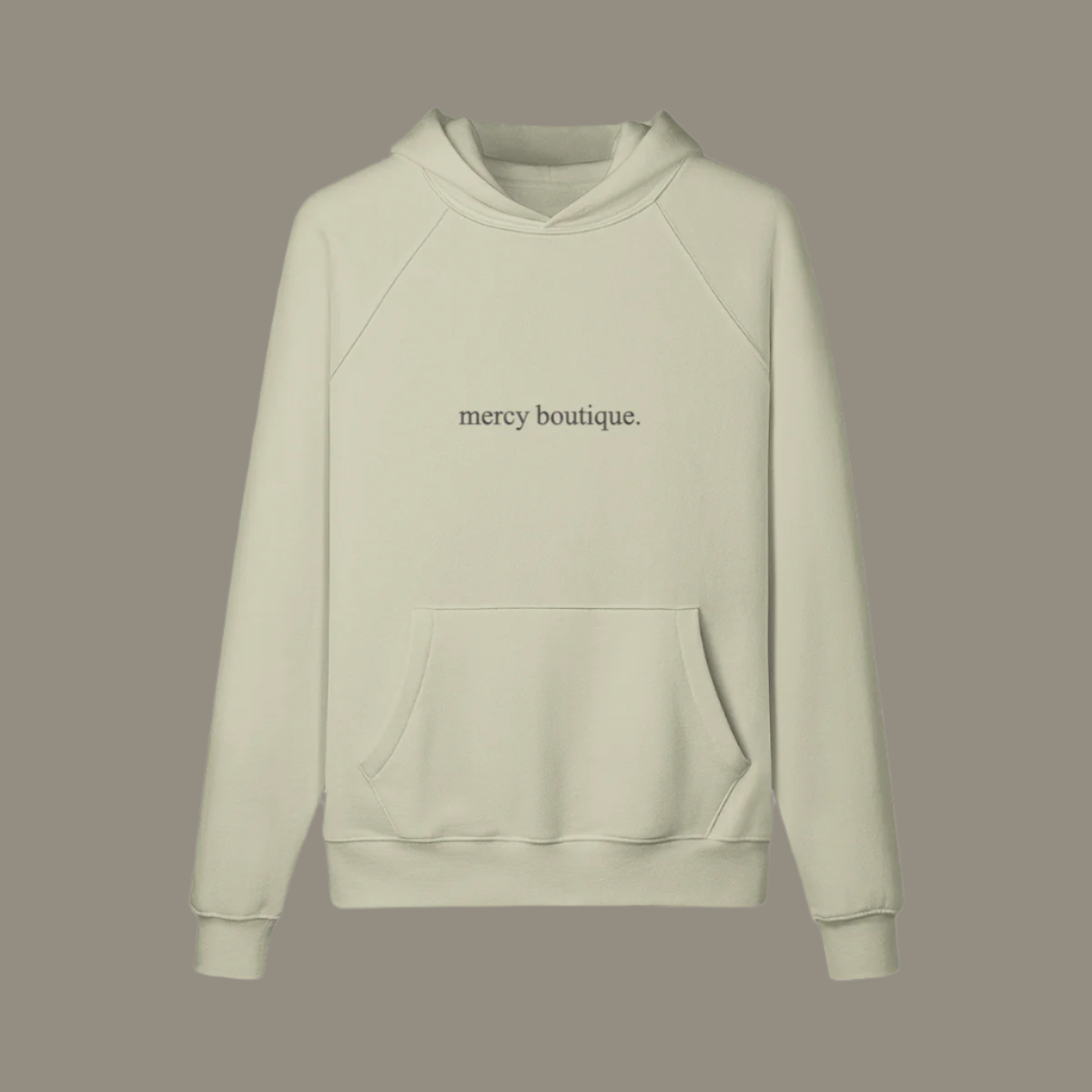 embroidered mercy boutique hoodie. black font